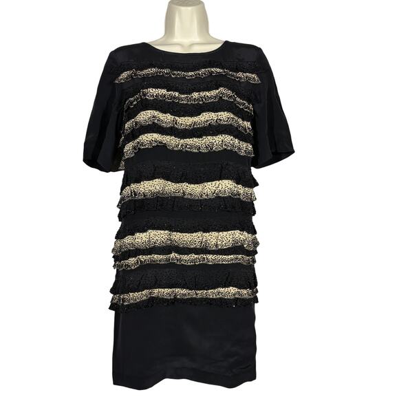 Tory Burch Beaded Silk Dress Tiered Sheath Black Tan Short Sleeve Heavy - 6 - Picture 3 of 11